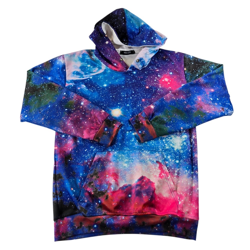 Yeezzi Galaxy Print Hoodie Mens M Blue Purple Nebula Space Polyester Sweatshirt